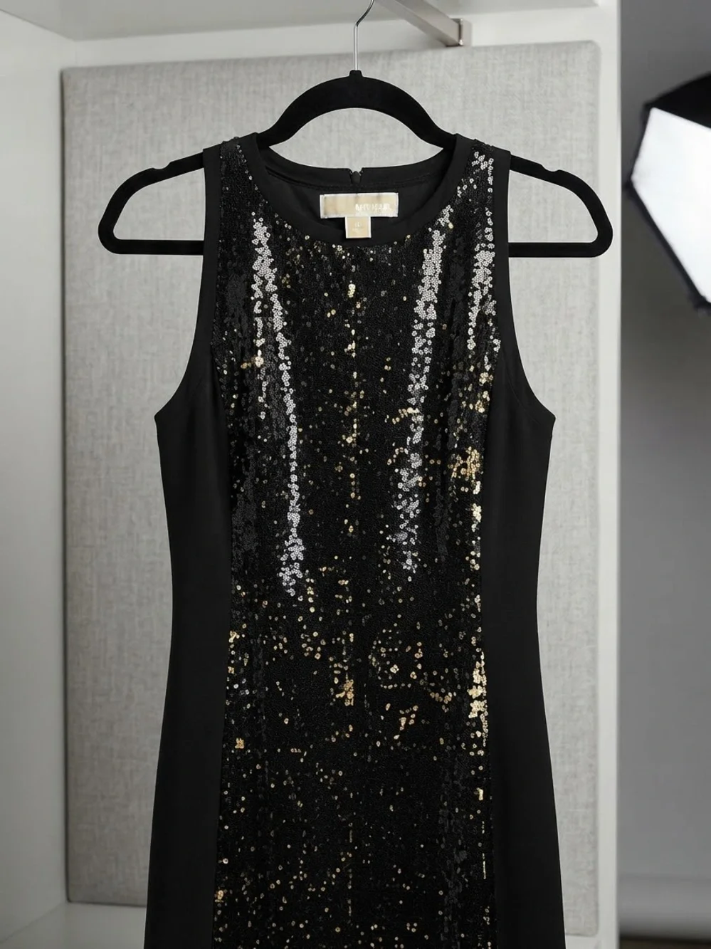Michael Kors Black Sequin Sheath Dress with Gold Accents